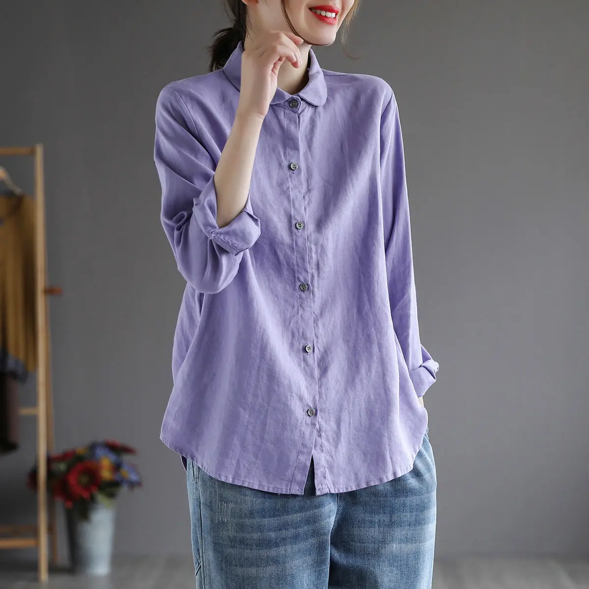 

Spring And Autumn New Literature And Art Retro Cotton Shirt Women's Versatile Loose Lapel Single Breasted Long Sleeve Top