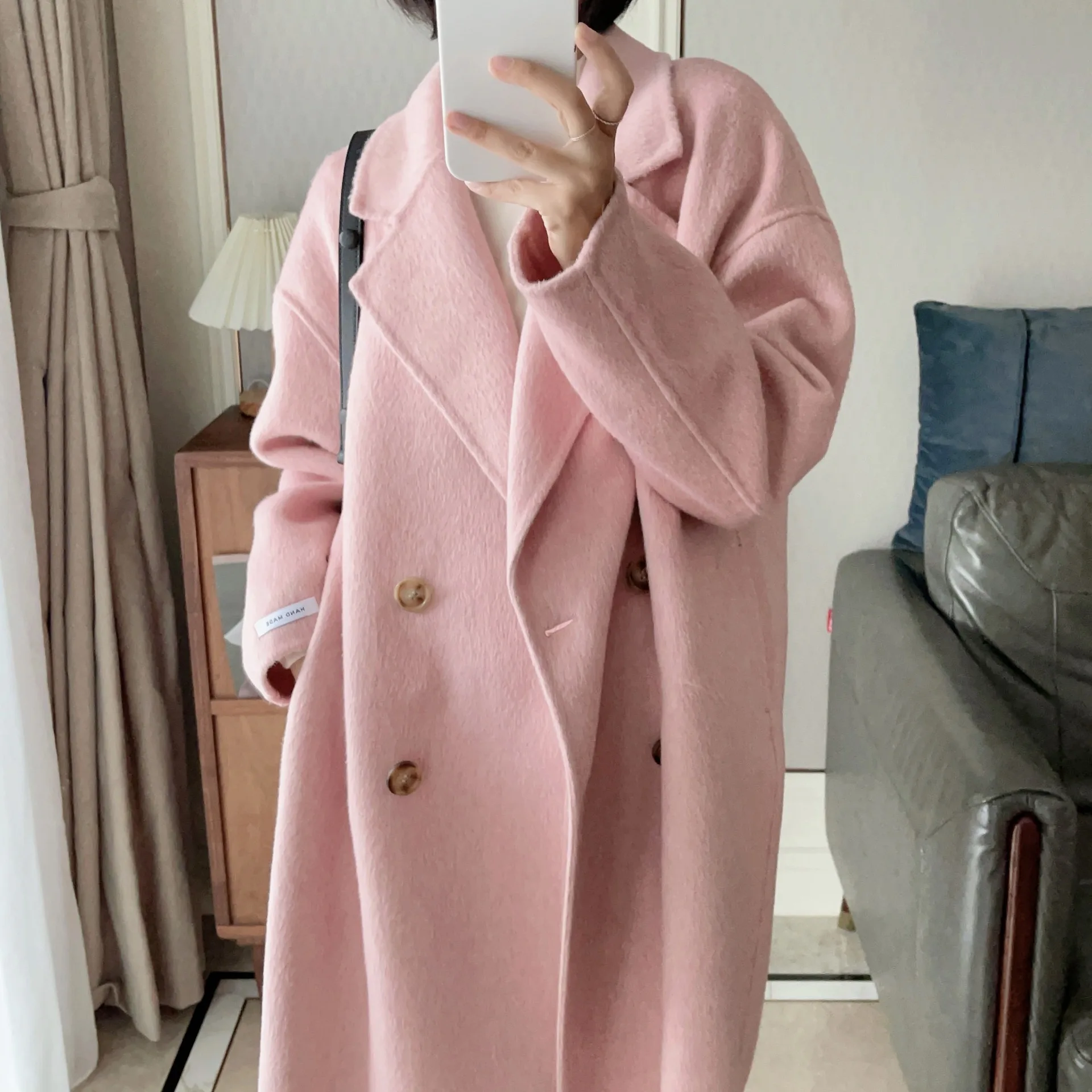 Осень 2023 женское двубортное шерстяное пальто свободная стильная кашемировая