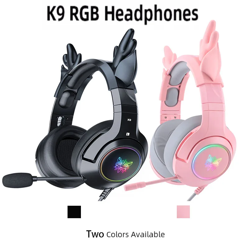 

Новинка 2022, наушники K9 Pink Elk Ear с RGB светодиодный Ной подсветкой, гибкая игровая гарнитура с микрофоном, 7,1 объемные компьютерные наушники для ...