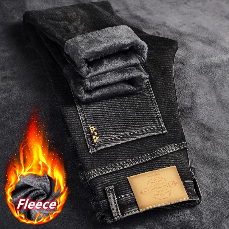 

Мужские облегающие брюки, черные или серые эластичные плотные бархатные джинсы, повседневные брюки большого размера с флисовой подкладкой,...