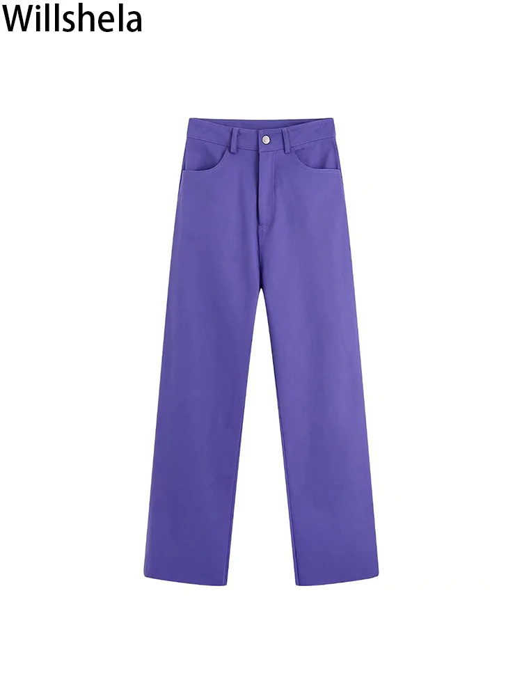

Willshela Women Fashion Solid Denim Front Zipper Trouser Vintage Mid Waist Full Length Female Chic Lady Pants