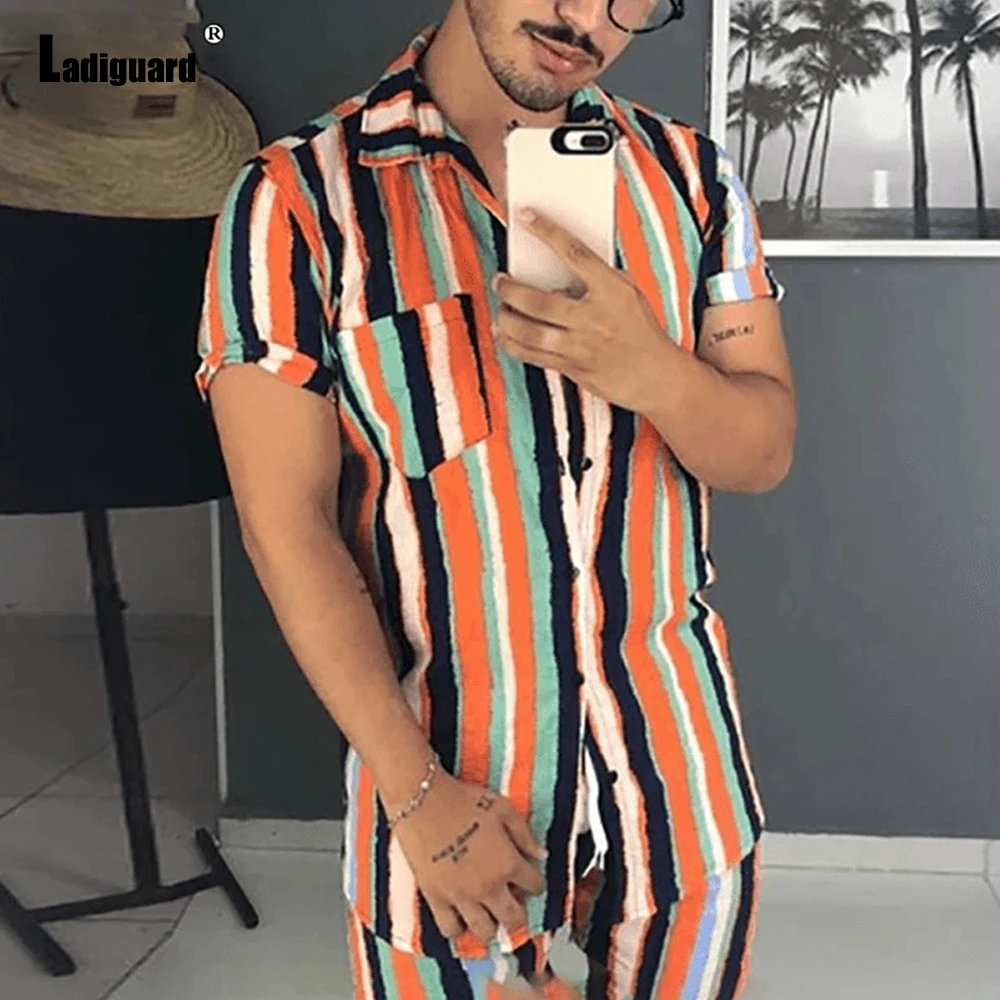 Ladiguard Sexy mens clothing ropa hombre men Blouse sets model stripes two piece sets 2022 summer beachwear man tracksuits