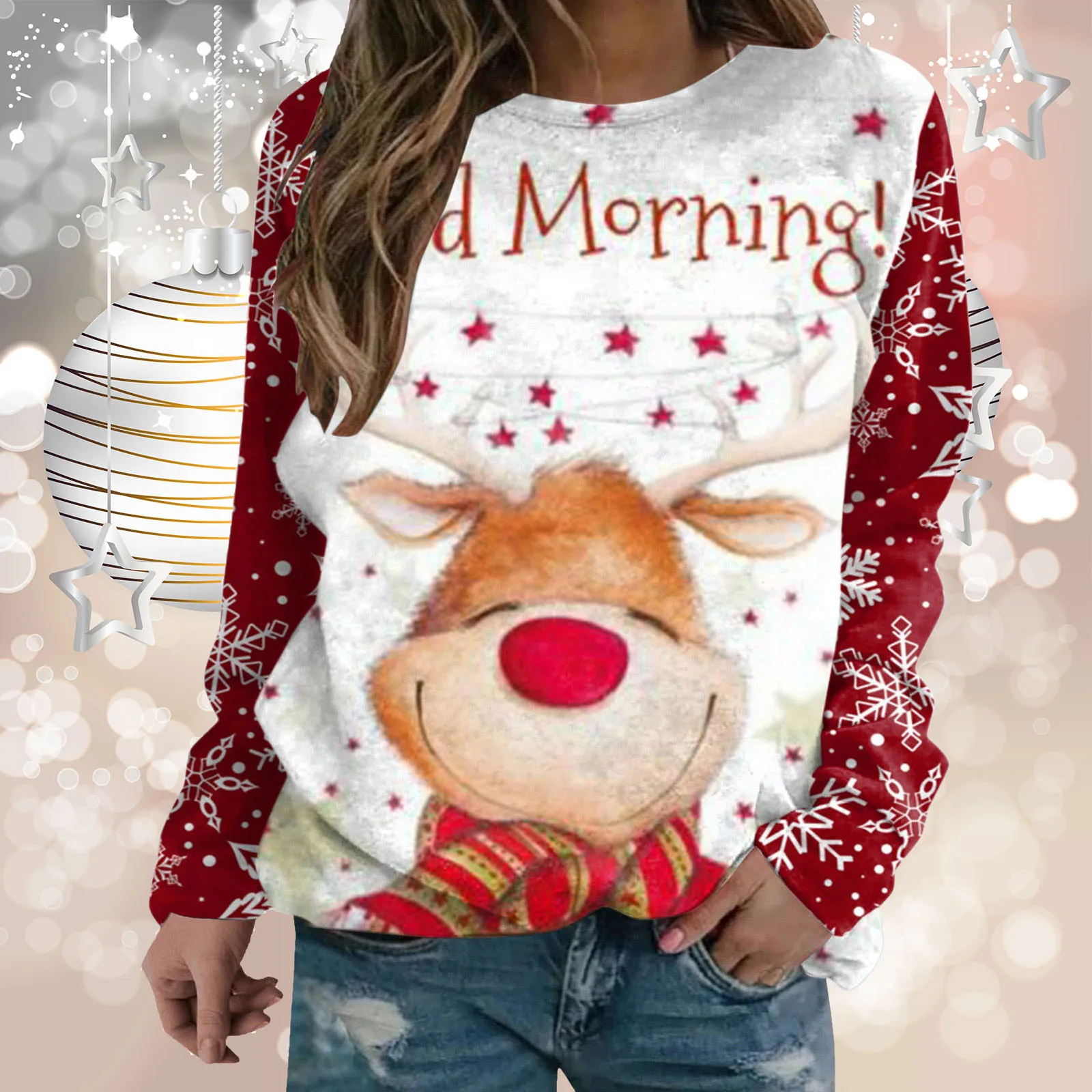 

Women Sweatshirts Christmas Fawn Snowflake Deer Print Autumn Winter Loose Blouse Tops Casual Long Sleeve Round Neck Sweatershirt