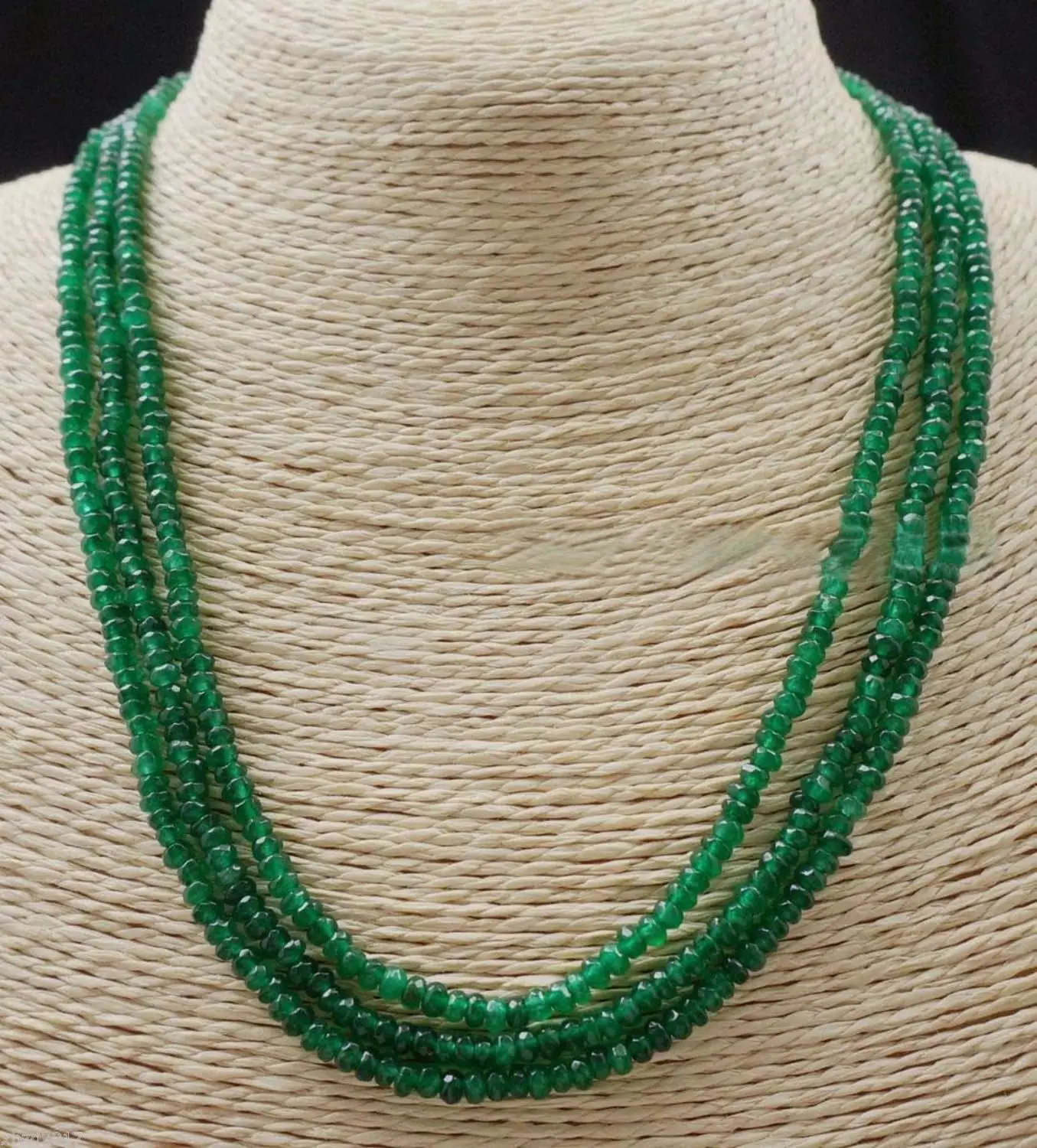 

GENUINENATURAL 3 Rows 2X4mm FACETED GREEN EMERALD ABACUS BEADS NECKLACE17-19" AA