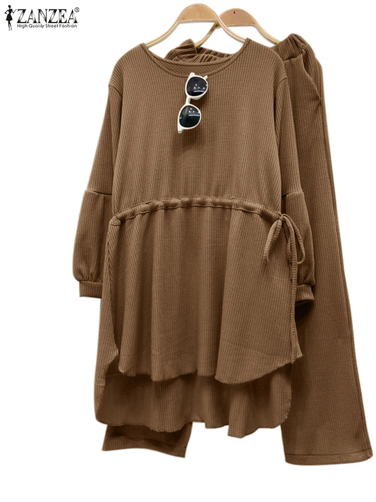 ZANZEA осенние женские однотонные комплекты из 2 предметов повседневные топы на