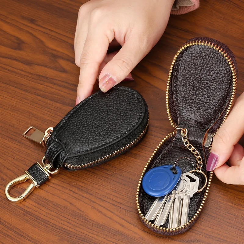 Universal Car Key Case Men's and Women's Black Soft Surface Embossed Genuine Leather Coin Purse Multi-Functional Keychain Storag