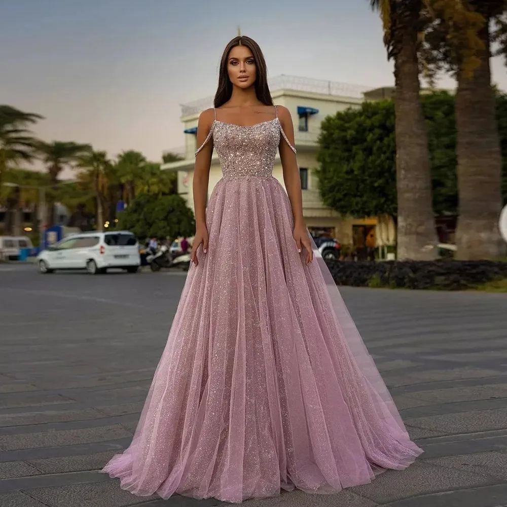 

Blush Pink Bling Tulle Evening Dresses Long Spaghetti Strap A Line Formal Prom Gowns Women Party Nightclub Dress 2022