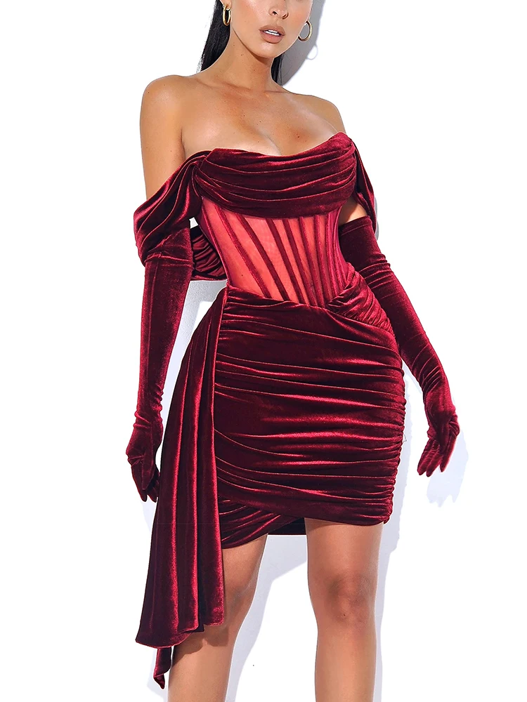 

Raindonal Velvet Corset Dress Ribbon Anti-slip Zipper Bodycon Dress Women Sexy Party Dresses Off Shoulder Boning Mesh Patchwork