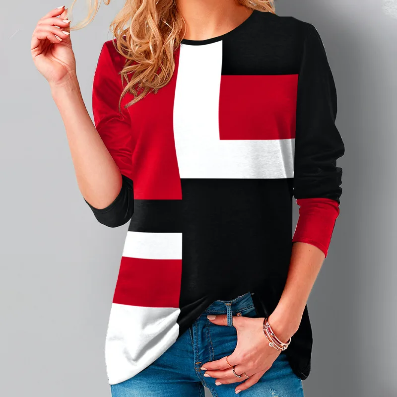 Spring and Autumn Women's Fashion Geometric Color Matching Long Sleeve T-shirt Female Casual Commuter Versatile Top Lady Cloth