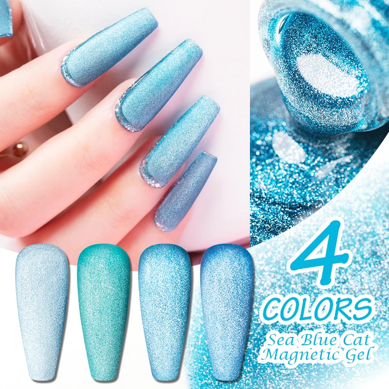 

PUENTE Sea Blue Cat Magnetic Gel Nail Polish 7.5ML Blue Sapphire Cat Eye Nail Gel Polish Semi Permanent Soak Off UV Gel Varnish