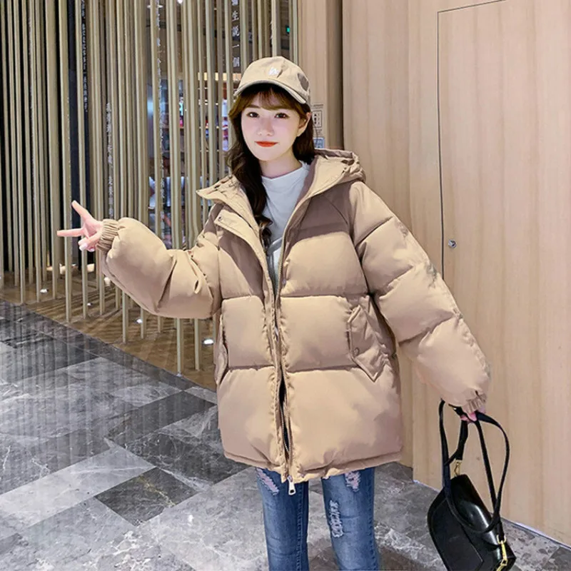 New Cotton Jacket Women Solid Hooded Parkas Winter Warm Thicken Down Jackets Loose Oversized Female Short Parkas Coats with Hat