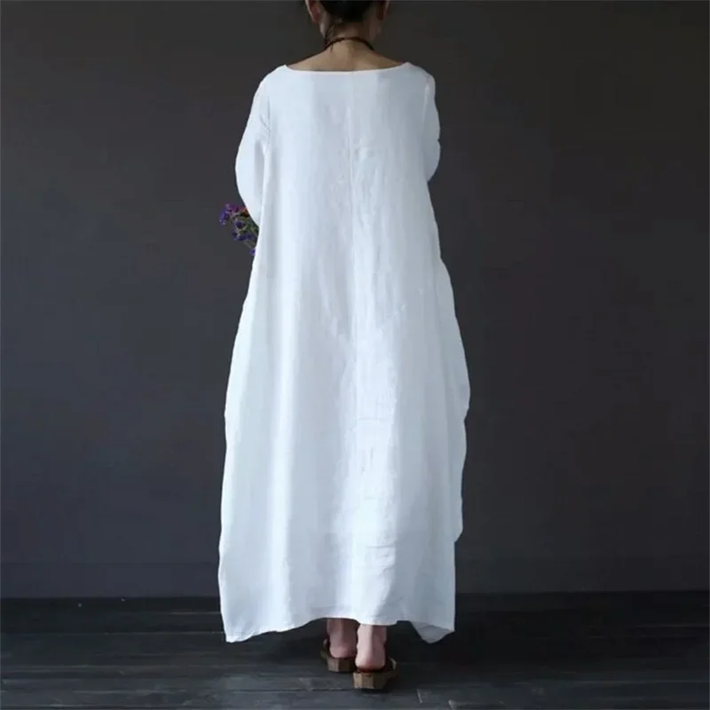 

2023 Spring New Loose Size Round Neck Mid-Sleeve Large Swing Cotton and Linen Long Dress Ankle-Length Linen Dress for Women