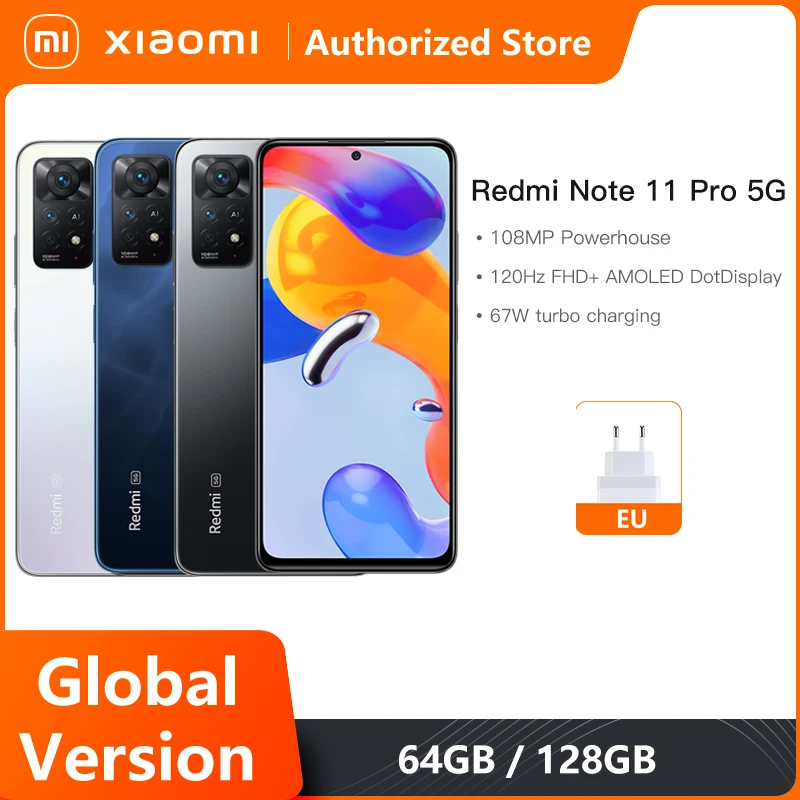 

Global Version Xiaomi Redmi Note 11 Pro 5G 6GB RAM 64GB ROM / 8GB RAM 128GB ROM Mobile Phone 108MP Camera Snapdragon 695 120Hz