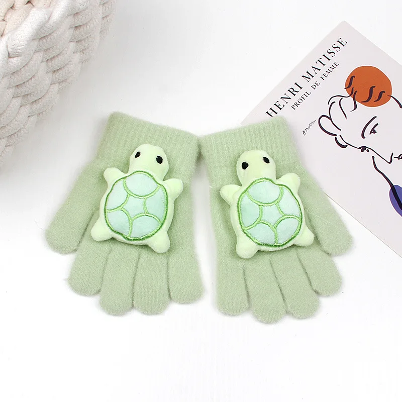 Мультяшные плюшевые детские перчатки морозостойкие с декором в виде черепахи