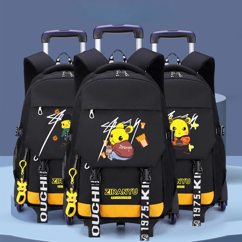 Mochila de viaje 2 en 1 de alta capacidad con ruedas para ordenador portátil, bolso impermeable de Pikachu con dibujos animados, desmontable, novedad