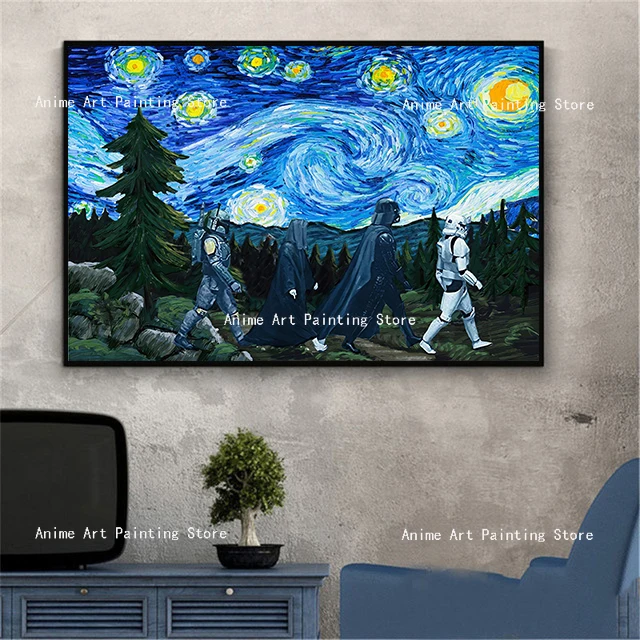 

Funny Graffiti Art Van Gogh Starry Night Star Wars Posters and Prints Canvas Paintings Wall Art Picture For Living Room Cuadros