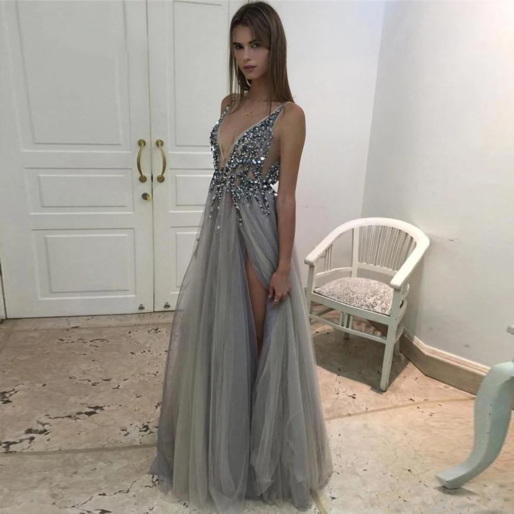 

Boho Evening Dresses Long Luxury 2022 V-Neck Backless Sleeveless Prom Dress Floor Length A-Line Side Split Robes De Soirée