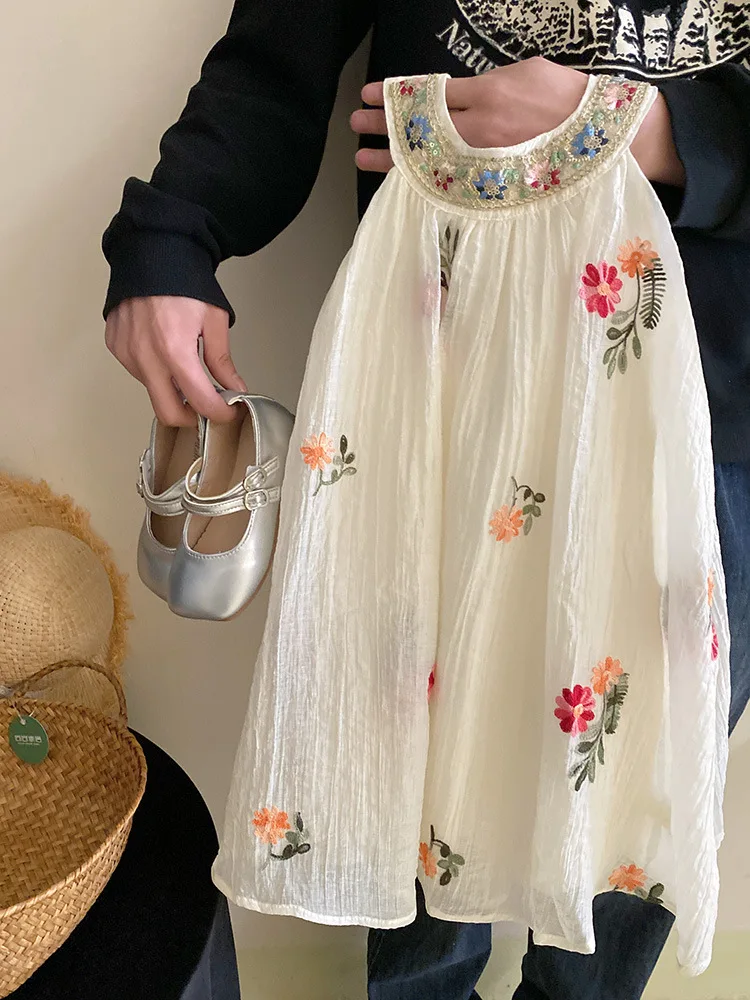 Платье для девочек новинка юбка без рукавов с вышивкой и воротником хомутиком