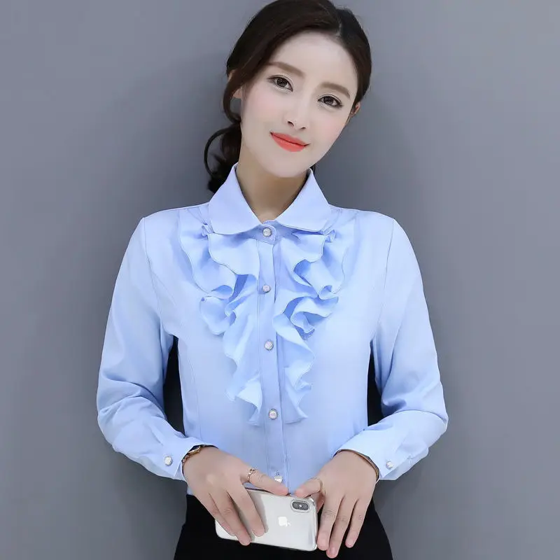 

2022 Spring Autumn Basic Shirts Blouses Women Fashion Long Sleeve Elegant Office Lady Work Solid Ruffled Chic Tops Blusas A74