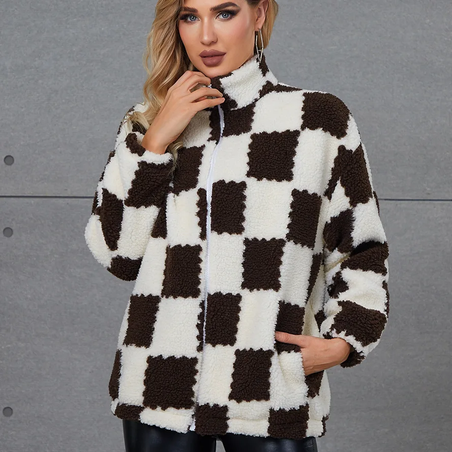 2022 Black and white square plush coat Ladies casual faux fur coat stand-up collar