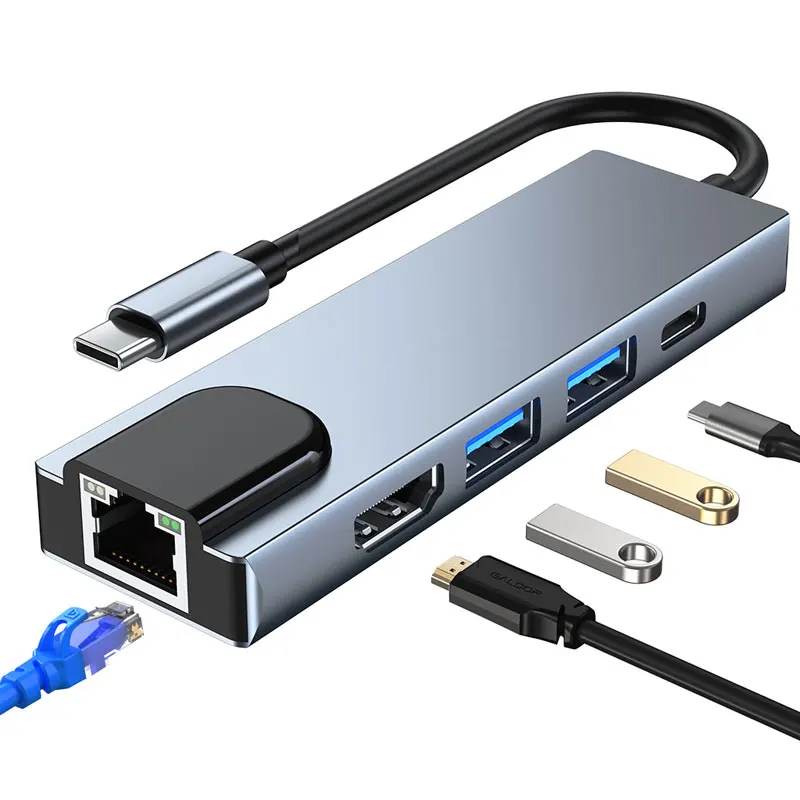 

USB-концентратор тип C к HDMI-совместимый Rj45 100 м концентратор 3,0/2,0 адаптер 5 в 1 Тип C док-станция для MacBook Pro Air M1 USB C разветвитель