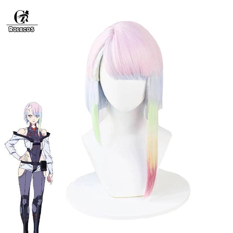 

ROLECOS Synthetic Hair Game Edgerunners 2022 Lucy Cosplay Wig 45cm Pink Gradient Blue Women Wigs Mixed Colored Heat Resistant
