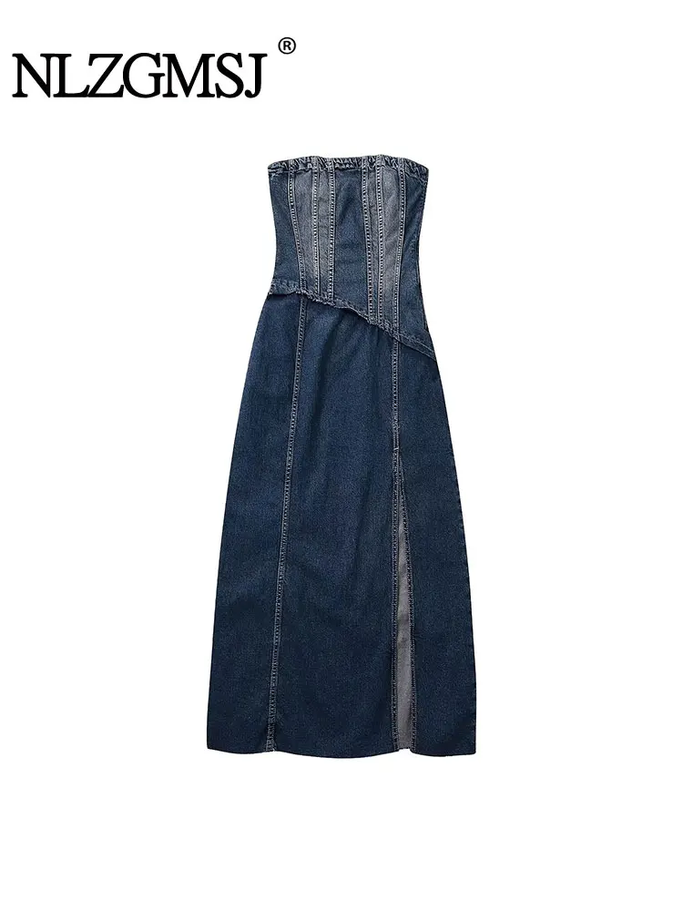 

Платье женское летнее джинсовое средней длины без бретелек с разрезом на спине и открытой спиной