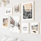 Зимний Снежный лес Горный Дом цветы настенное искусство на холсте скандинавские обои и принты настенные картины для декора гостиной