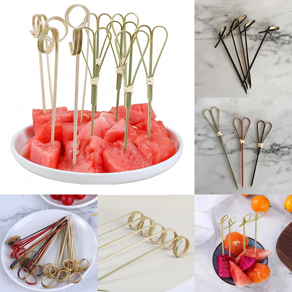 

100Pcs Disposable Bamboo Tie Knotted Skewers Twisted Ends Cocktail Food Fruit Picks Fork Sticks Buffet Cupcake Toppers Wedding