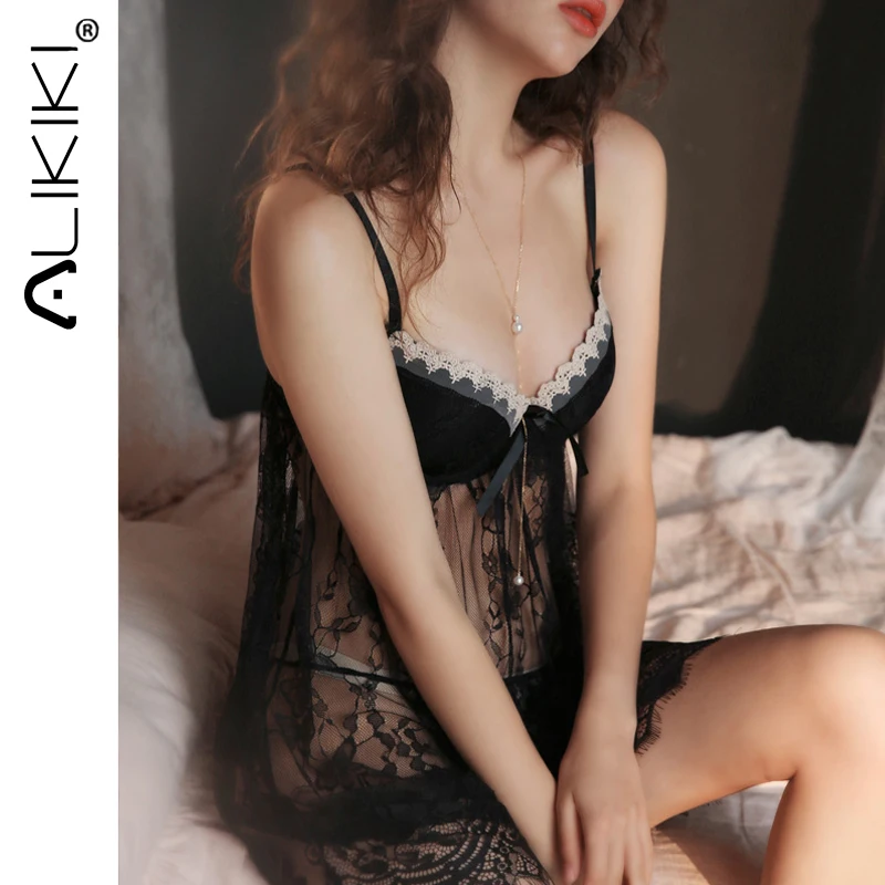 Летние кружевные ночные рубашки, сексуальное ночное белье, прозрачное кружевное спальное платье, мягкая ночная рубашка, летние пижамы для ж...