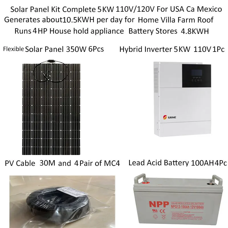 Flexible Solar Panel Kit Complete With Battery 5000W 5KW 220v 110V MPPT Hybrid Inverter Off Grid  Home 4HP Car Caravan Camping