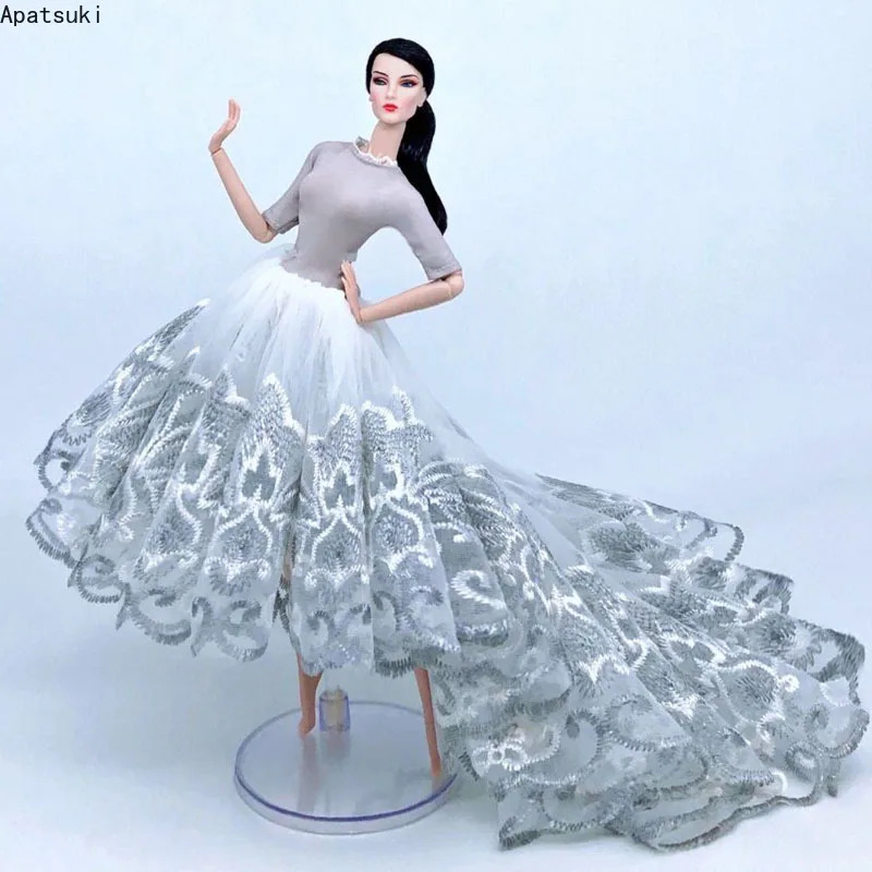 

Платье с серебряной вышивкой для кукол Барби, одежда, вечернее платье с длинным хвостом ручной работы, аксессуары для кукольного домика 1:6, д...