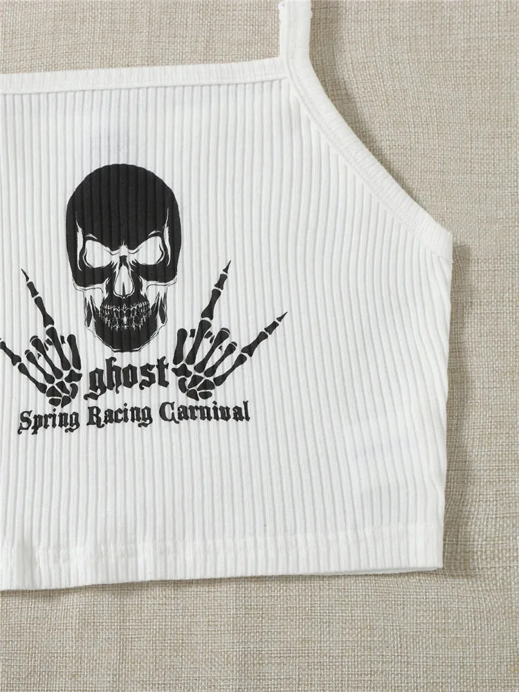 Женский укороченный топ в готическом стиле готический рубчик с принтом черепа и