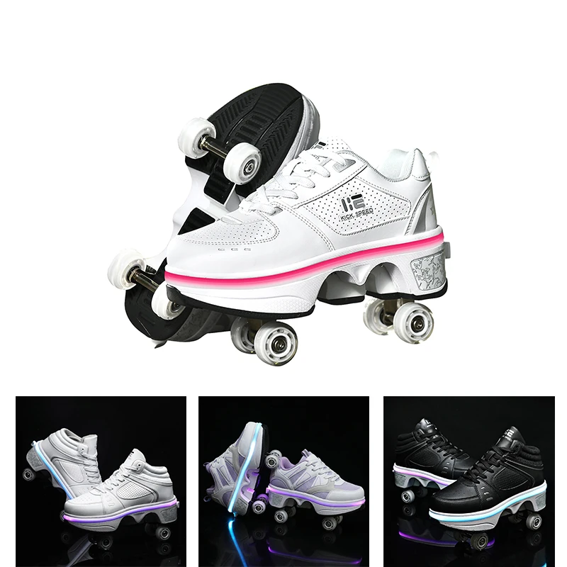 KOFUBOKE LED Deformation Skate Shoes White Unisex Retractable 4 Wheel Sneaker Adults Kids Casual Light Kick Roller Shoes