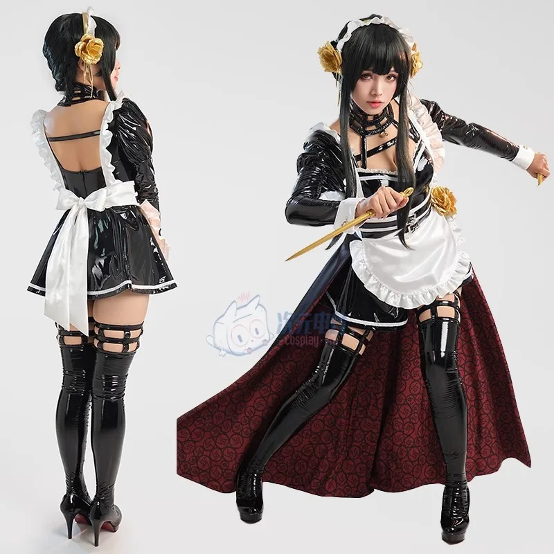 

Anime TV SPY FAMILY Cosplay Yor Forger Doujin Sexy Otaku Maid Uniform Women Leather Dresses Apron Headwear Halloween Costumes