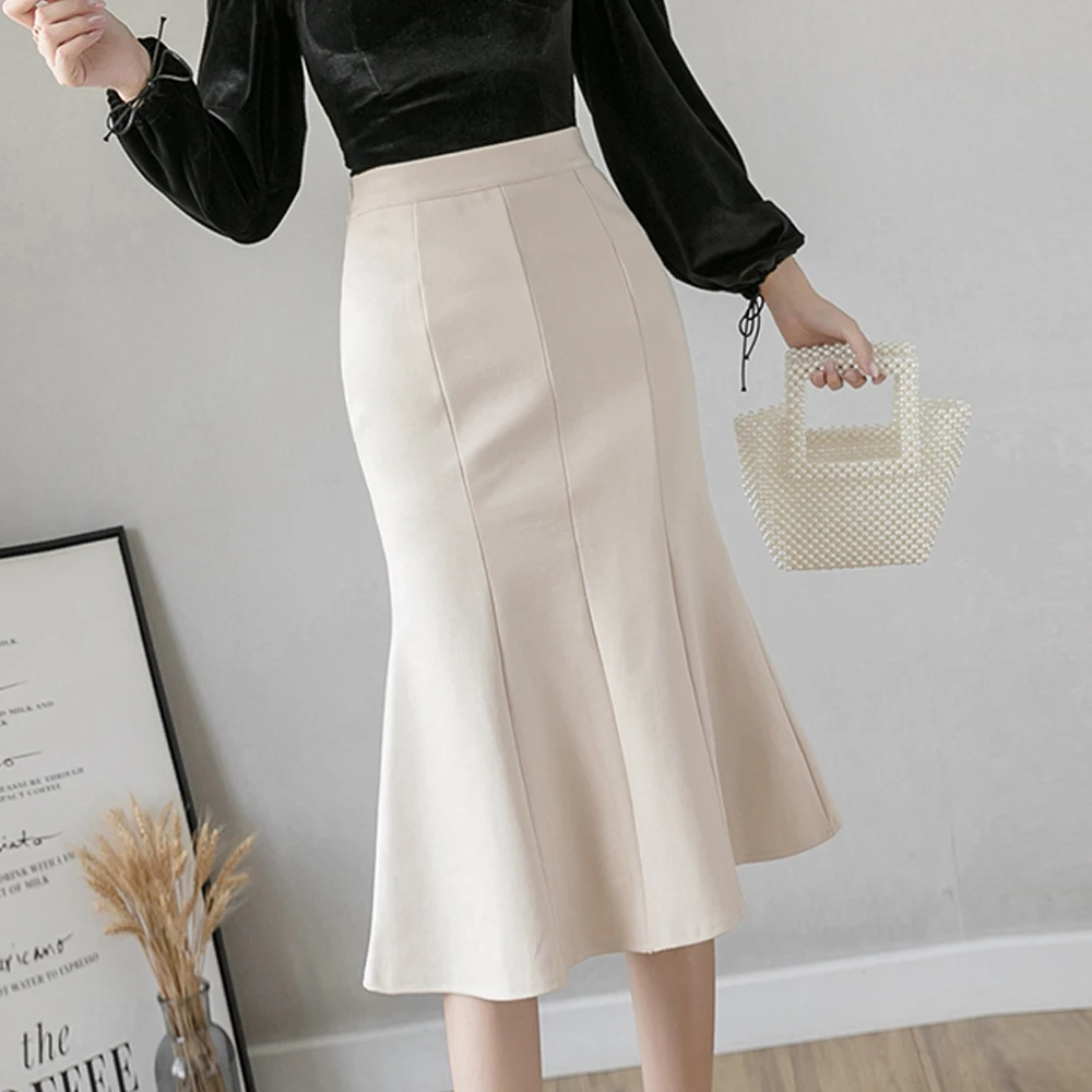 

New Women High Waist Midi Skirts Back Split Ruffles Black Khaki Beige Office OL Skirt Fashion Package Hip Mermaid Skirts Womens