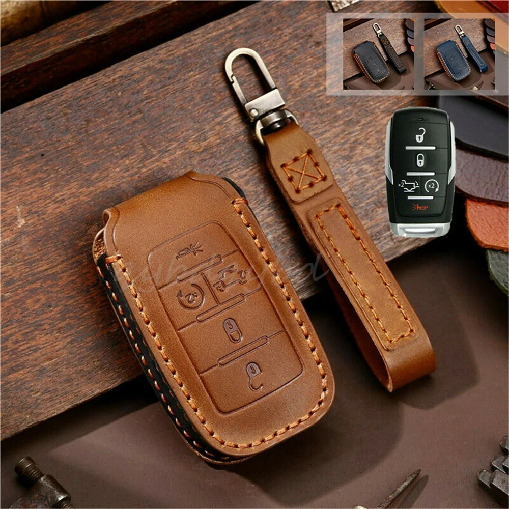 

Leather Car Remote Key Fob Cover Case Holder Shell Bag Protector Skin Keychain For Dodge RAM 1500 2500 2019+ Accessories Styling