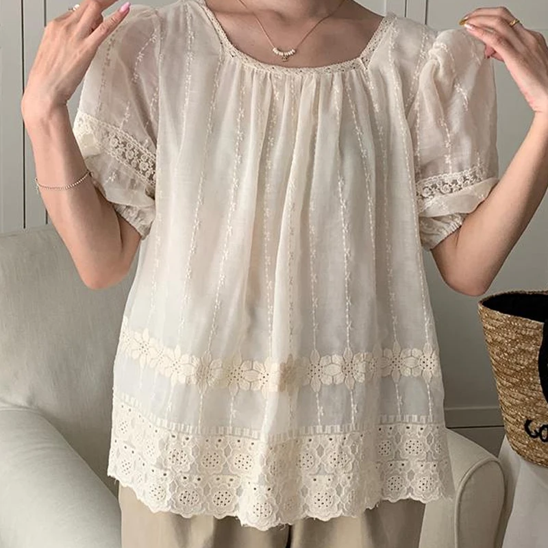 

Summer Women's Short Sleeve Square Neck French Bubble Sleeve Solid Lace Embroidered Chiffon Shirt Blouse Women Tops Camisa C942