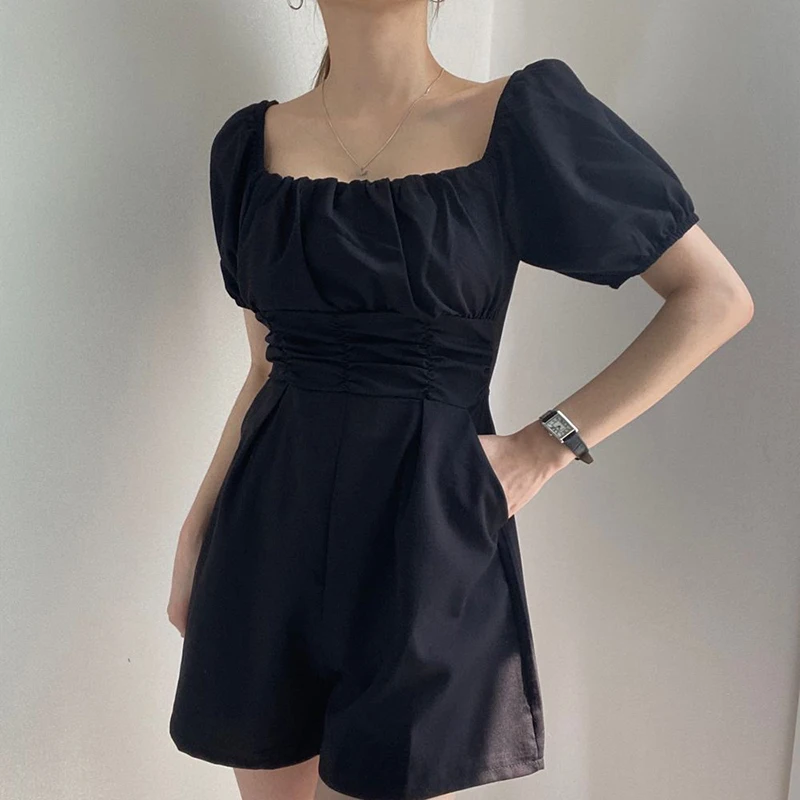 Korean Chic Vintage Elegant Square Collar Women Playsuits High Waist Slim Puff Sleeve Pockets Jumpsuits Zipper Summer Bodysuits