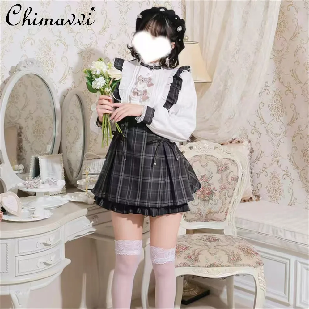 Милые комплекты шорт в японском стиле. Новое весенне-осеннее женское клетчатое