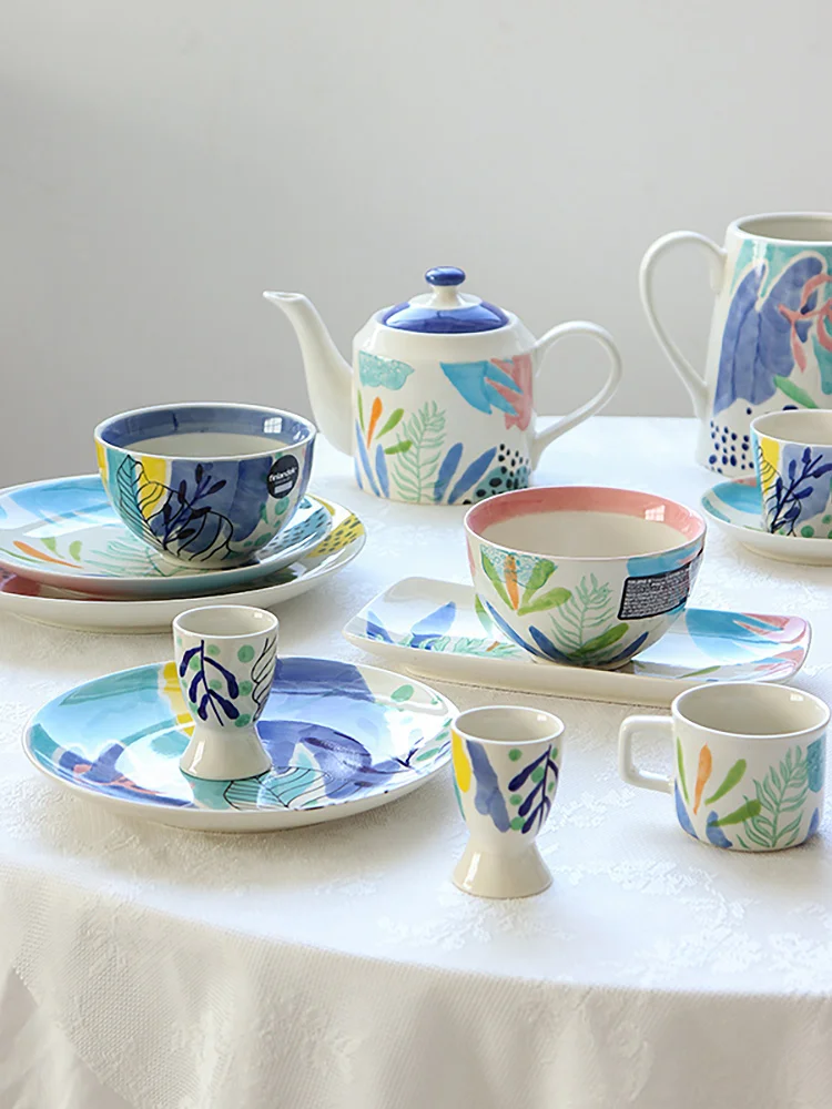 

Керамические чаши в скандинавском стиле, 8 дюймов, чашки с цветочным принтом под глазурью, 300 мл, кружки, прямоугольная посуда, ручная роспись...