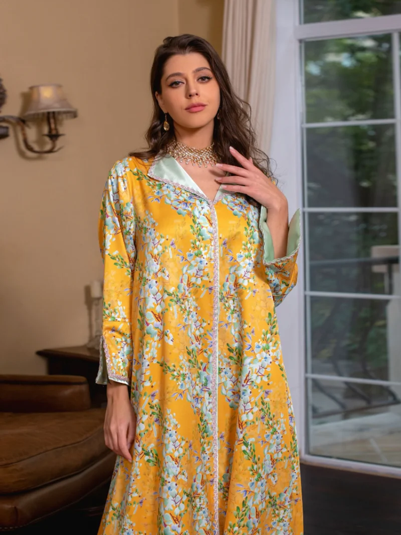 Eid Muslim Women Dress Abaya Morocco Party Dresses Abayas Floral Lapel Prayer Long Sleeve Robe Ramadan Musulman Maxi Vestidos