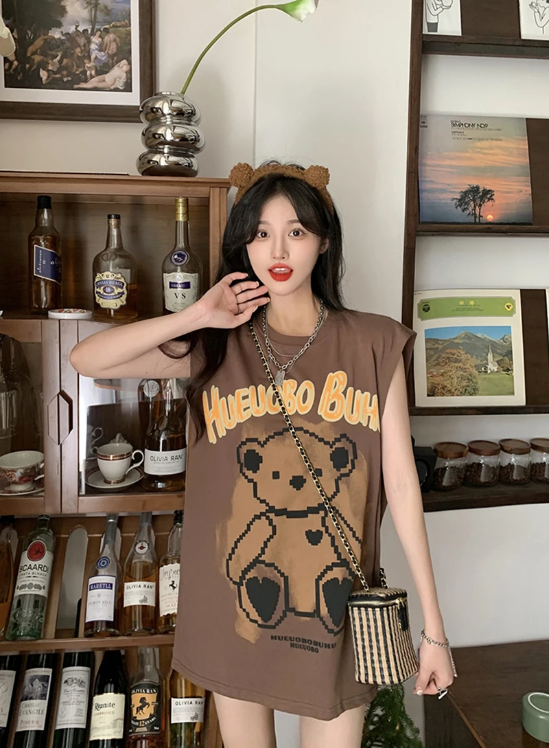 

GBB0494 2022 new loose gradient color bear T-shirt women's summer unique medium long sleeveless vest top