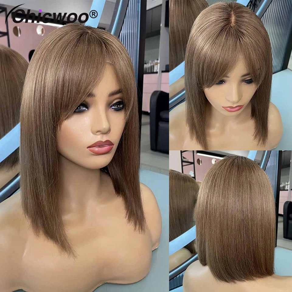 

Ash Brown Short Bob Wig With Bangs Colored Human Hair Wigs For Women Brazilian Remy 13x4 Lace Frontal Human Hair Wig 200 Density