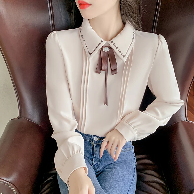 

Chiffon Loose Women's Shirts Casual Long Sleeve Blusas New Fashion Blouses Solid Color Bow Shirt Autumn
