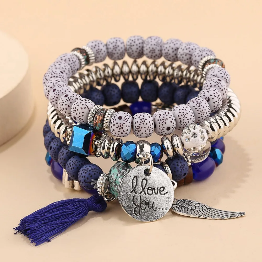 

New Bracelet Ethnic Style Contrasting Color Beaded Tassel Wing Pendant Set of 4 Turquoise Hand Jewelry couple bracelet
