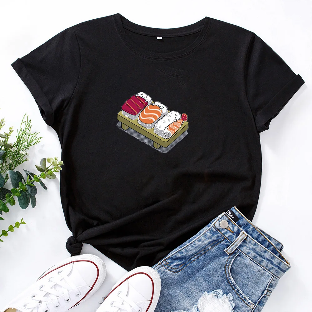 

Sushi Shirt Graphic T Shirt Women Short Sleeve Cotton T Shirts Woman Black White Loose T Shirt Women Top Harajuku T Shirt Femme