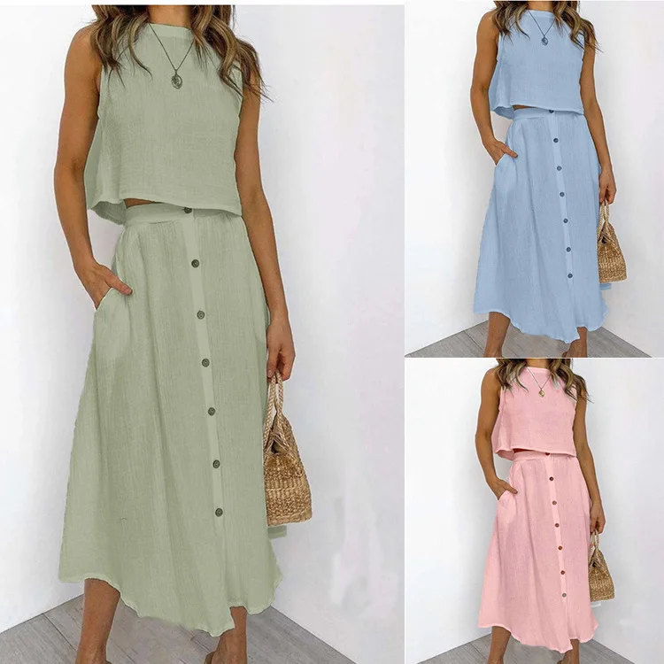 

Loose Casual White Cotton Linen Ladies Suit Summer Beach Style Women Skirt Set Sleeveless Crop Tops Button Pockets Skirts