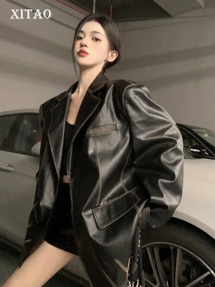 

XITAO PU Female Blazers Coat Vintage Fashion Notched Collar Women Top 2023 Winter New Street All-match Trendy Coat DMJ3456