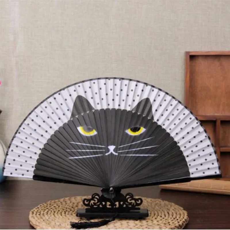 Cat Chinese Cartoon Silk Fashionable Japan style Hand Fans Creative Lovely Kitty fan Handheld Folding Women Girls Show Fans